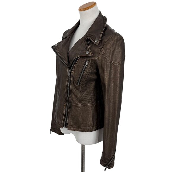 Y2K Free People Bronze Vegan Leather Asymmetrical Zip Moto Jacket | Streetwear - Picture 9 of 16